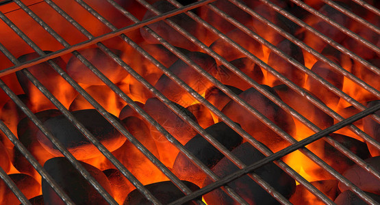炭烤鸡排在烧烤台上燃烧热煤由普通的铁棍烤炉设计图片