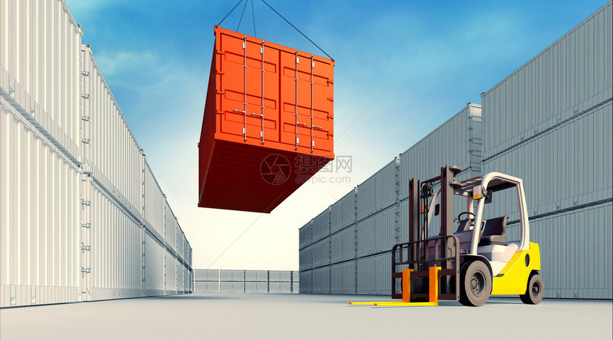 3d渲染了带有集装箱的工业港口的插图在视图生成背图片