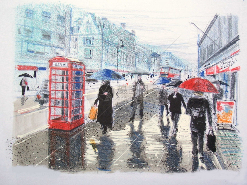 在伦敦街上走着雨伞的人图片