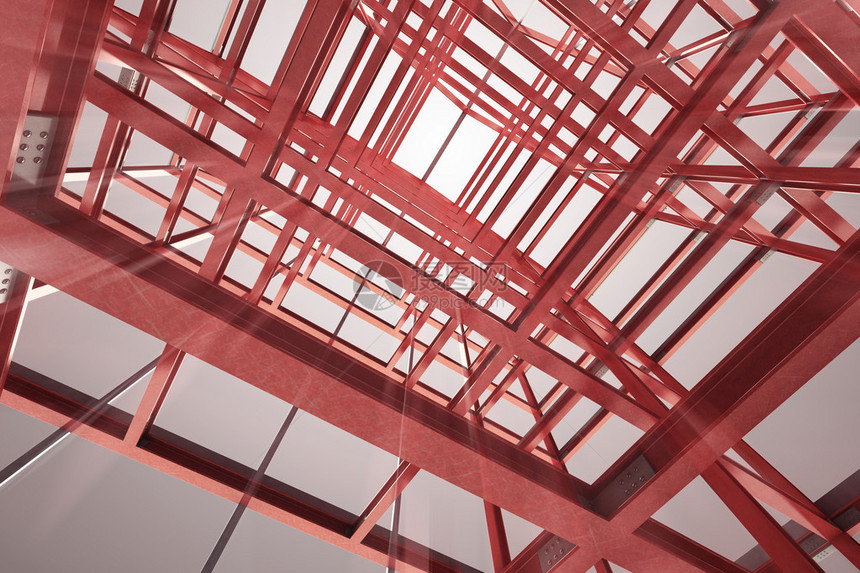 红钢框架建筑室内模糊的视图解图片