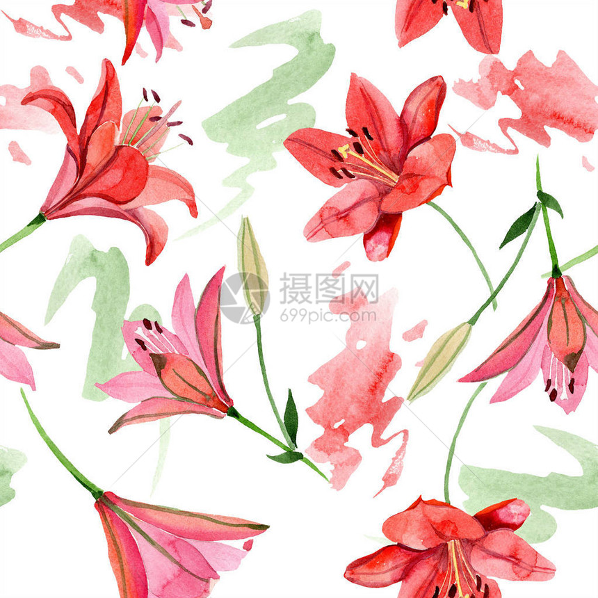 水彩红百合花卉植物花无缝背景图案织物壁纸打印纹理背景纹理包装图案框架或图片