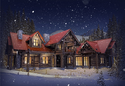 冬天有红屋顶的豪华山原木屋图片