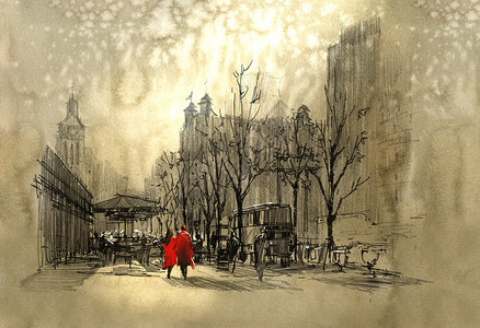 在城市街道上行走的一对情侣红色双行走在街背景图片