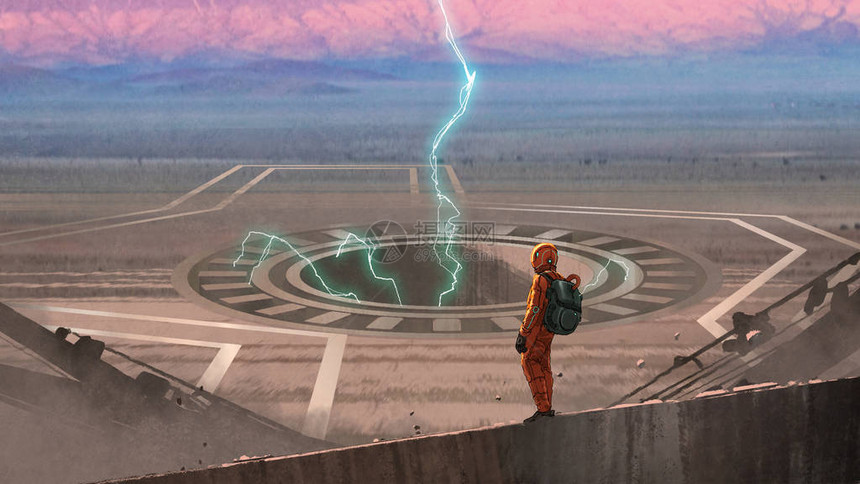 红色宇航员看着一个巨大的洞地球上有闪电的闪电数字艺术图片