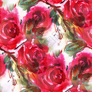 与红玫瑰的无缝图案手绘插图水彩图片
