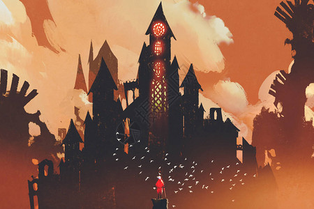 红色骑士站在梦幻城堡前在橙色云彩的背景下图片