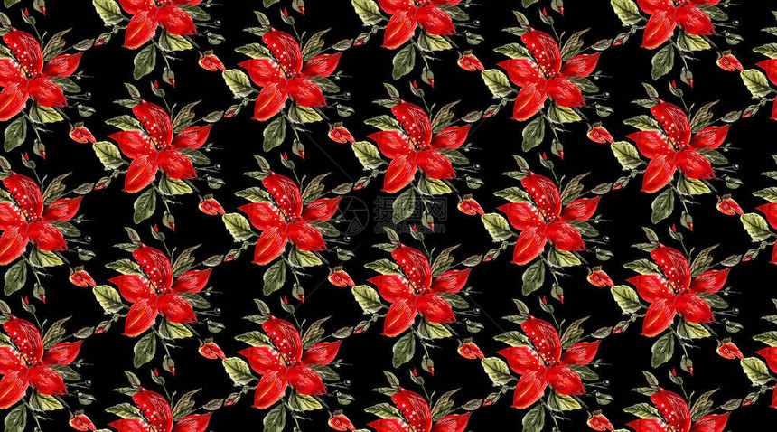 无缝模式黑色背景上有红水彩花的红水彩花图片