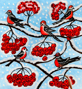 红谷滩手画照片水彩和谷菜冬天在灰树柳树插画