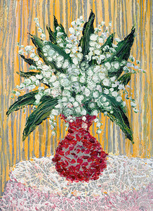 铃兰花白色静物油红色花瓶中一束精致的铃兰设计图片