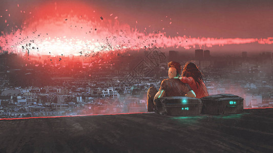 世界末端的概念显示一对年轻夫妇在看核爆炸摧毁城市数字艺术风格插图绘画设计图片