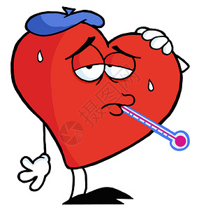 查西夫生病的红心嘴里含着温度计插画