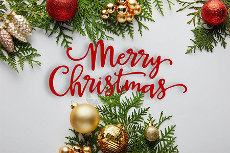 以圣诞快乐插图在白色上隔离的绿色特鲁贾树枝上闪亮的和红色图片