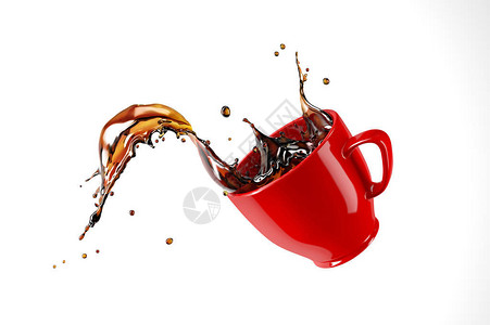 写实塑料袋制品红色杯子在咖啡上跳跃白色背景被孤立设计图片