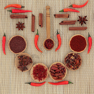红辣椒和香料选择在木碗勺子图片