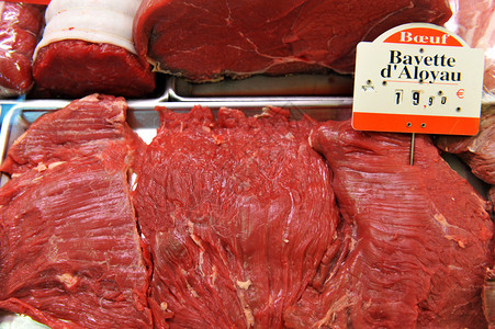 肉店里的红鲜牛肉背景图片