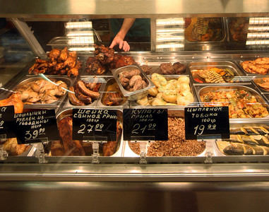 异构体与肉制品和价格的柜台背景
