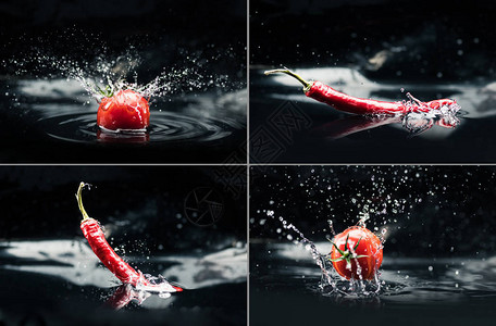 与西红柿和辣椒在水中溅起的拼贴画背景图片