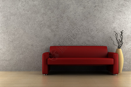 灰色墙壁前的红色沙发和干木花瓶图片