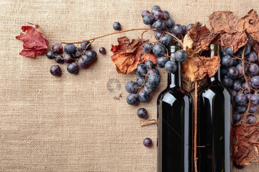 红葡萄酒瓶和新鲜葡萄图片