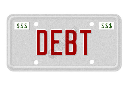 车牌上的红色债务字词孤立在白图片