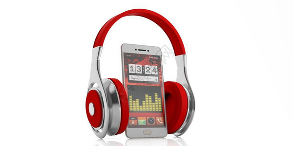3d渲染一对红色无线耳机和白色背景图片