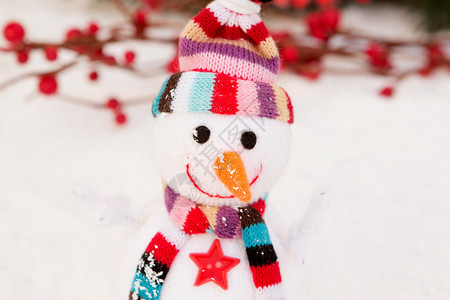 雪人在雪上用羊毛做成的雪花上面有红莓树枝图片