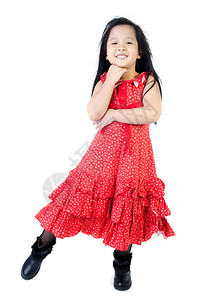 红色礼服的小亚裔孩子在白色背景图片
