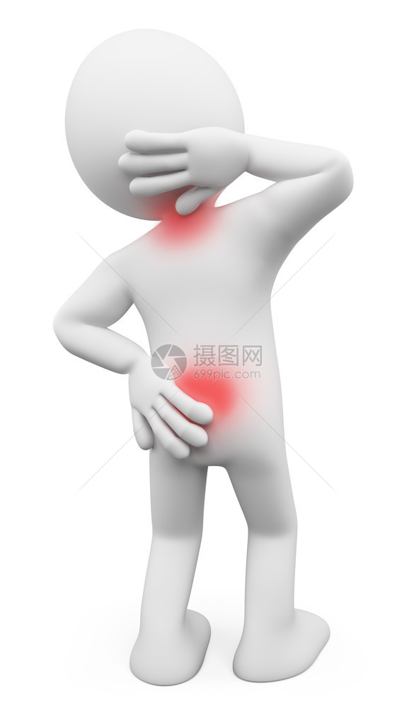 3D白人背部疼痛和颈部伤痕累的男人孤图片