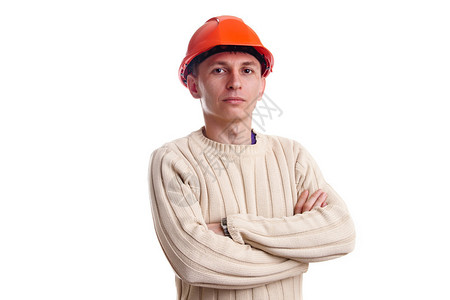 白色背景上戴着红色头盔的工人图片