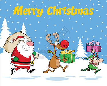 圣诞快乐与驯鹿精灵和圣诞老人的欢喜之夜带着圣诞礼图片