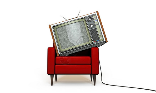 老电视在红色扶手椅上放松孤图片