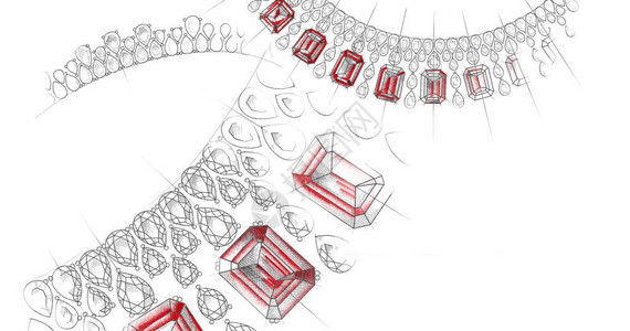 珠宝主题白色背景与手绘珠宝项链宝石项链和红色斑点创意和广图片