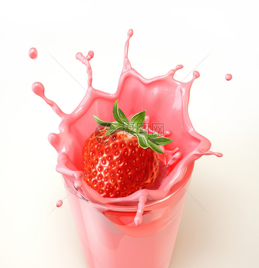 草莓喷洒在一片满是奶昔的玻璃里白色图片
