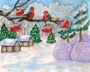 手绘图画冬季风景和两只鸟在树枝上图片