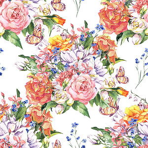 花盖梨花卉无缝水彩背景与玫瑰野花和蝴蝶设计图片