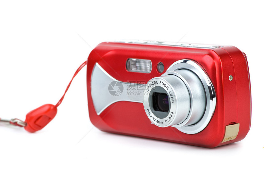 白色背景上的红色紧凑数字照相机被隔离图片