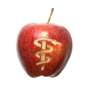 一个孤立的苹果与雕刻的Aesculapi背景图片