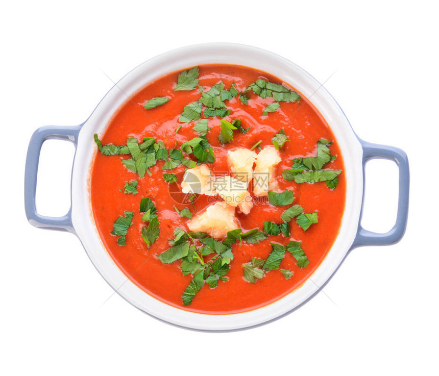 白色背景中的一锅美味番茄奶油汤图片