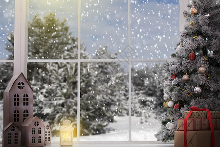 冬夜的圣诞窗和圣诞礼物背景图片