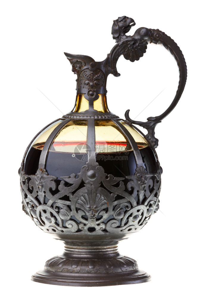 白底红葡萄酒的旧玻璃金属圆球罐装饰品图片