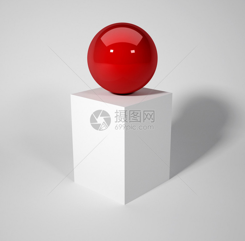 坐在白盒子上的红色球体3d渲染图片