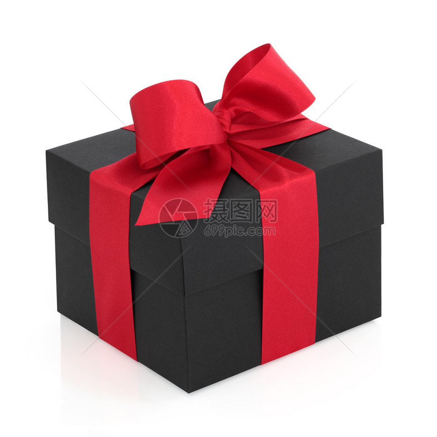 黑色礼物盒上面有红色的刺带和图片