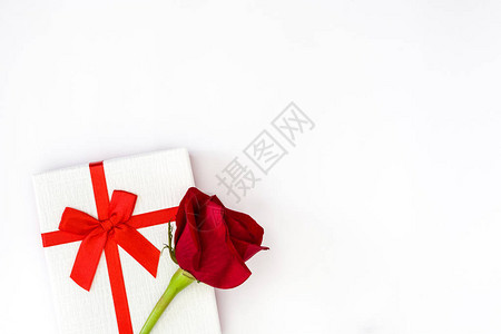白色礼品盒和白色背景上的红玫瑰图片