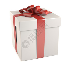 带红色丝带的白色礼物盒白背景图片