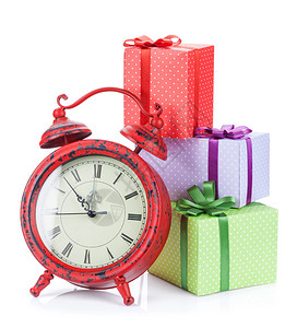 圣诞节时钟和三个礼物盒白图片