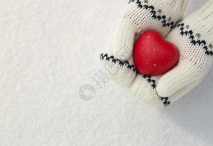 紧贴着小女孩的手把红橡皮心放在雪地上图片