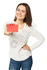 持有空白信用卡超过白背景的年轻女青图片