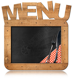 旧的空黑板与木制矩形框架与文本菜单银餐具和方格桌布食谱或食图片
