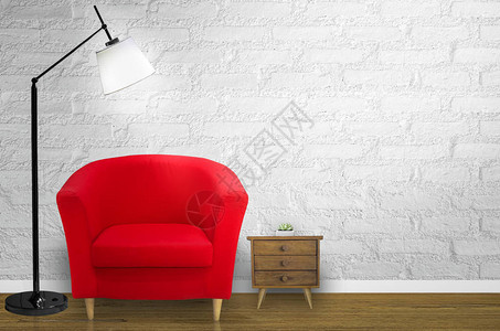 阁楼客厅和白墙前的红色沙发图片