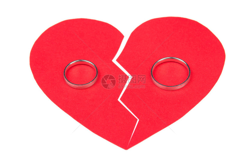 离婚概念红伤心的结婚戒指孤立图片